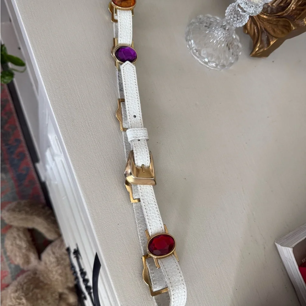 Vintage White Leather Gem-Accent Women's Belt